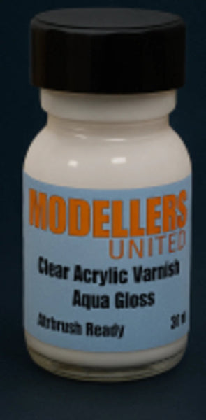 A small bottle of Modellers United Clear Acrylic Varnish Aqua Gloss with a black cap and a light blue label, shown against a dark background.