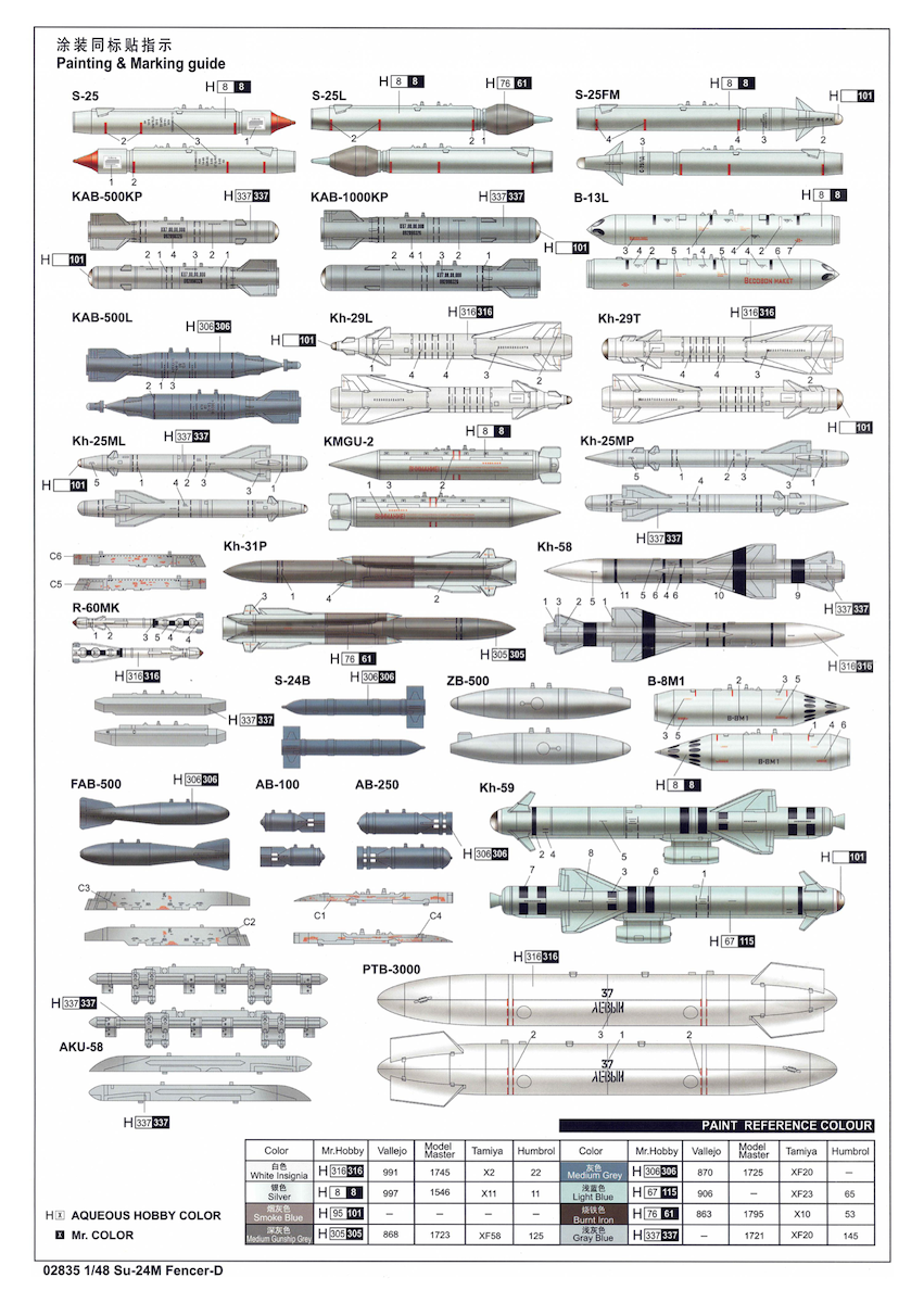 Technical drawing of various missile models with color codes and specifications.