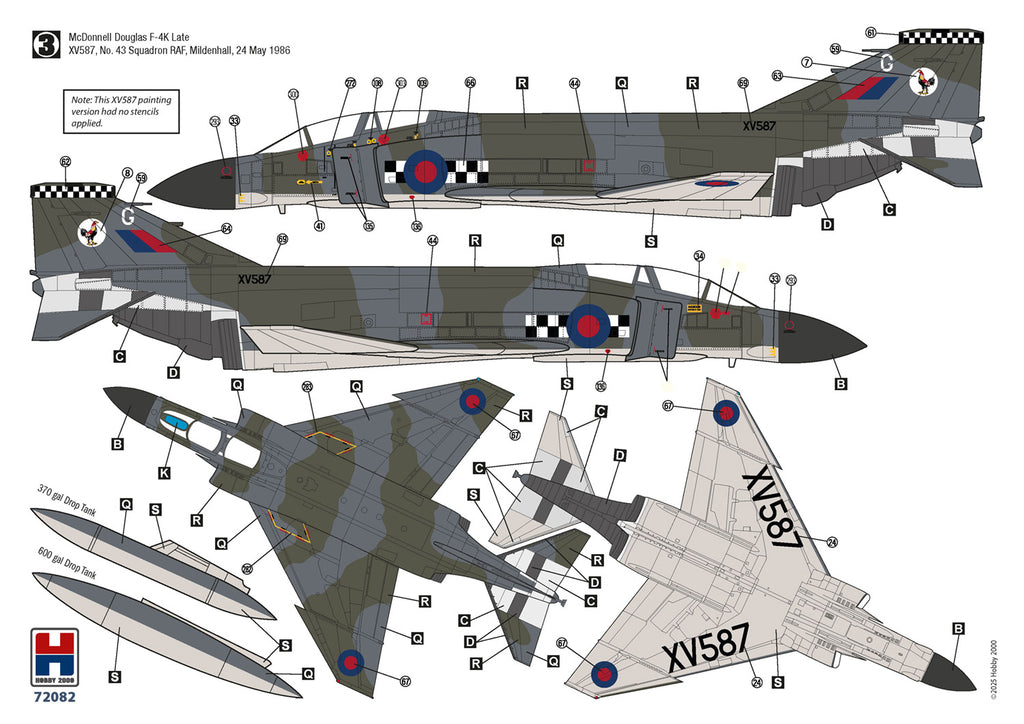 Decal sheet for an F-4K fighter jet model with various views and markings.