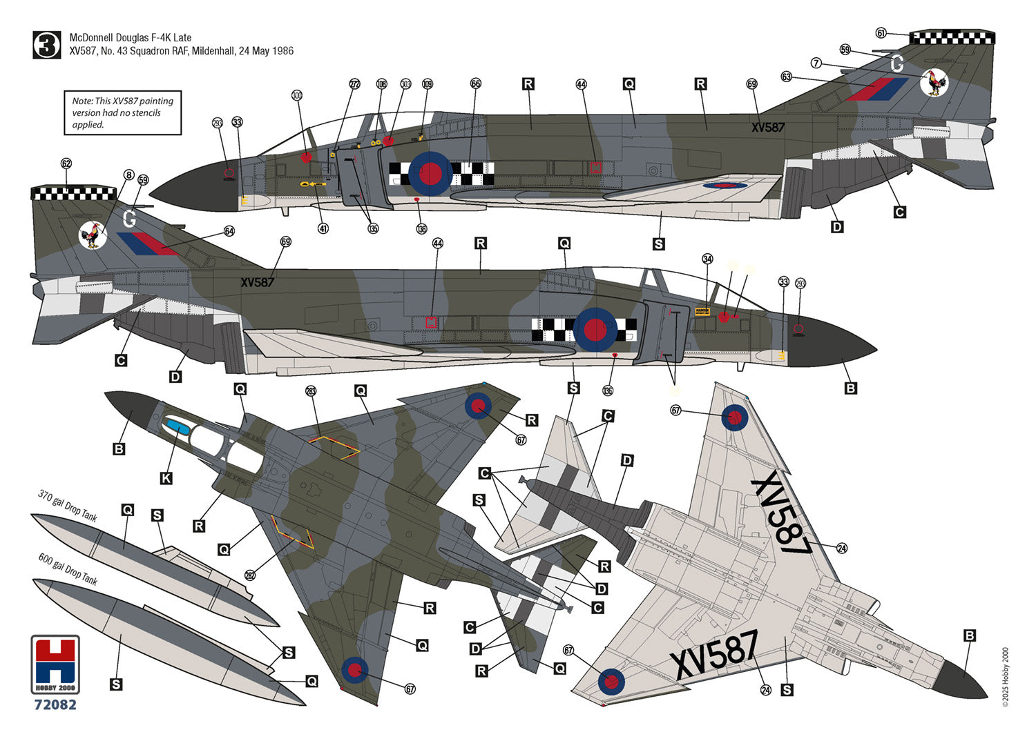 Decal sheet for an F-4K fighter jet model with various views and markings.
