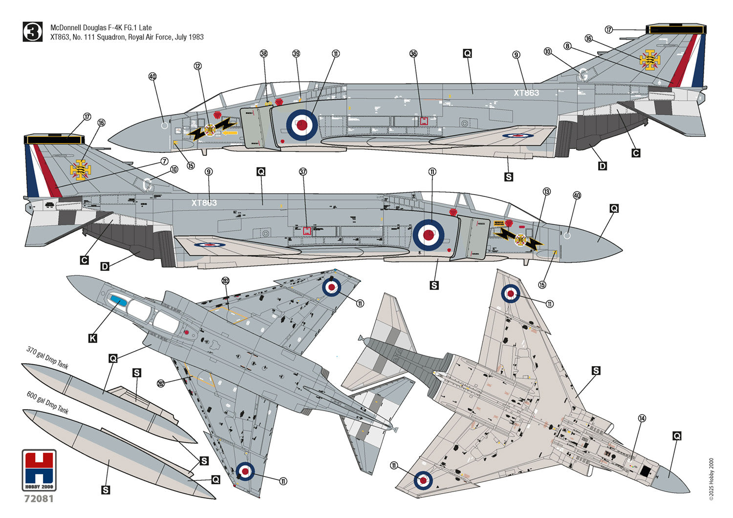 Decal sheet for a McDonnell Douglas F-4K Phantom II aircraft with various views and markings.