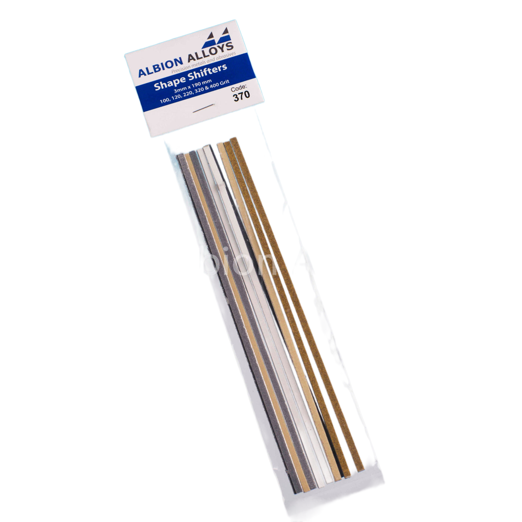 Albion Alloy Shape Shifter sanding sticks in a packet with Albion Alloys logo