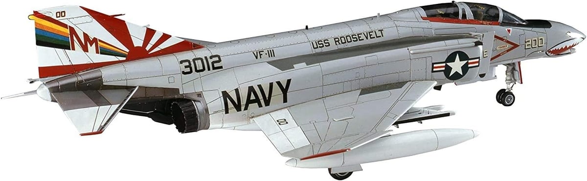 Model of a US Navy aircraft with 'USS Roosevelt' and 'Navy' markings on a white background