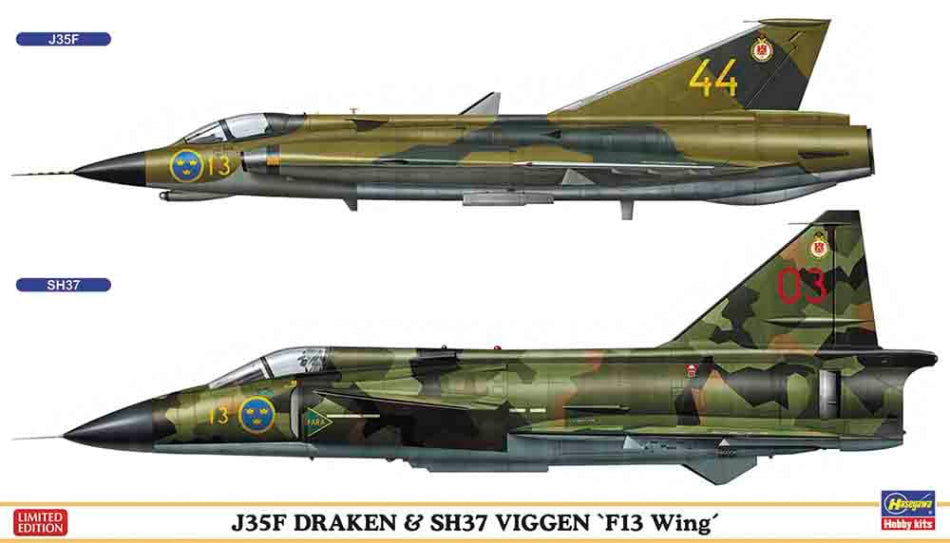 Two military jets, J35F Draken and SH37 Viggen, displayed side by side with camouflage patterns.
