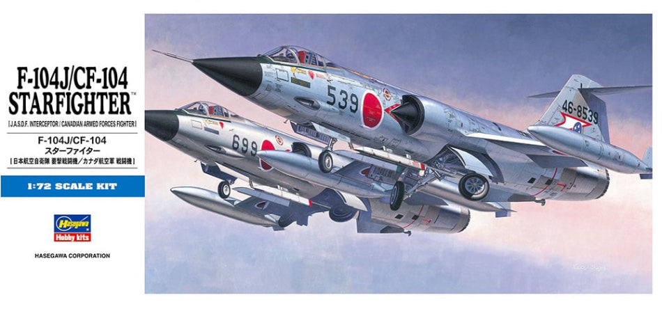 Model kit packaging of F-104J/CF-104 Starfighter with two aircraft on a clouded sky background.