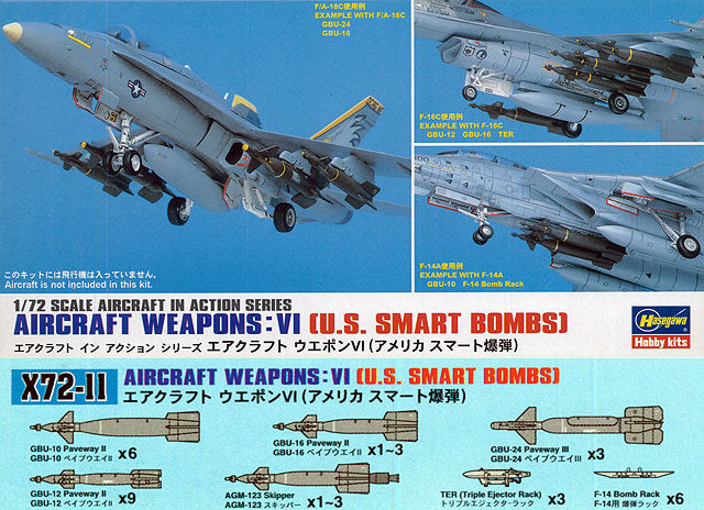 Model kit packaging for aircraft weapons with smart bombs on a blue background