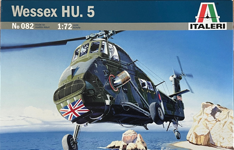 Model helicopter kit of Wessex HU.5 by Italeri with a clear blue sky background