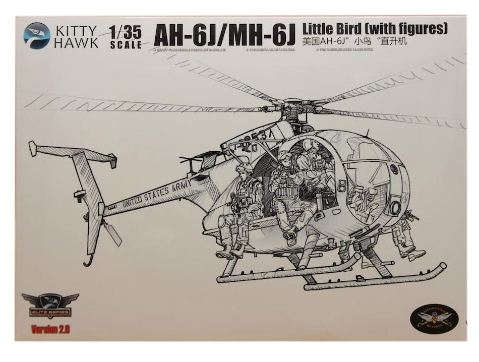 Model kit of AH-6J/MH-6J Little Bird helicopter with figures on a white background, branded 'Kitty Hawk'.