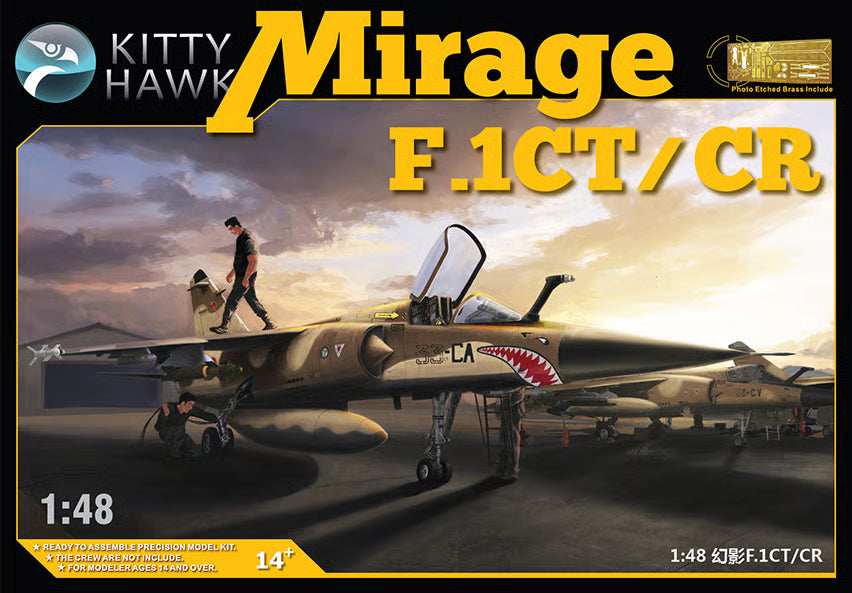 Model kit box for Kitty Hawk Mirage F.1CT/CR with aircraft illustration.