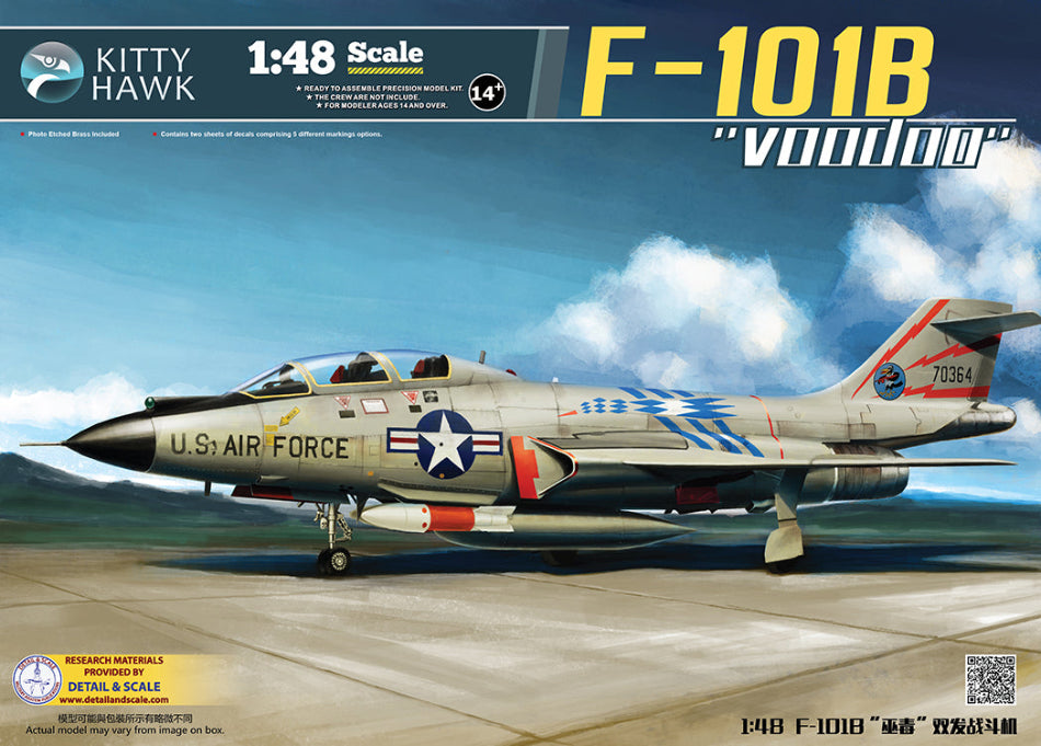 Model kit box for Kitty Hawk F-101B Voodoo jet with clear blue sky background