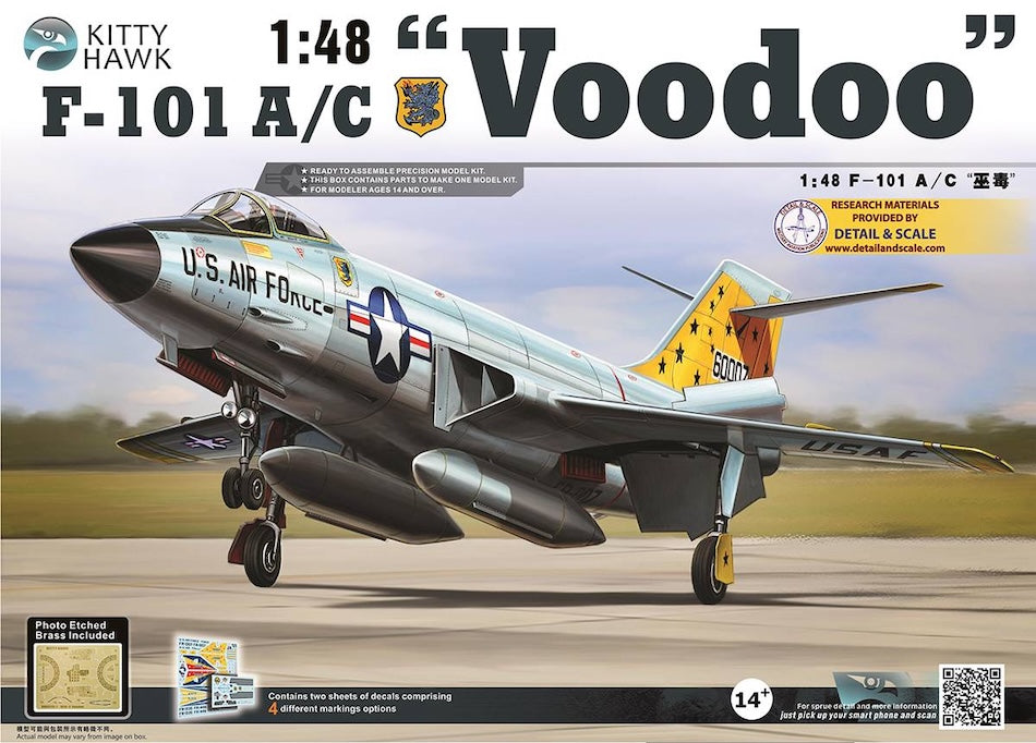 Model kit box for Kitty Hawk F-101 A/C Voodoo airplane on a runway with clear sky background.