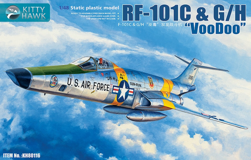 Model kit of a U.S. Air Force RF-101C & G/H 'VooDoo' aircraft against a cloudy sky background.