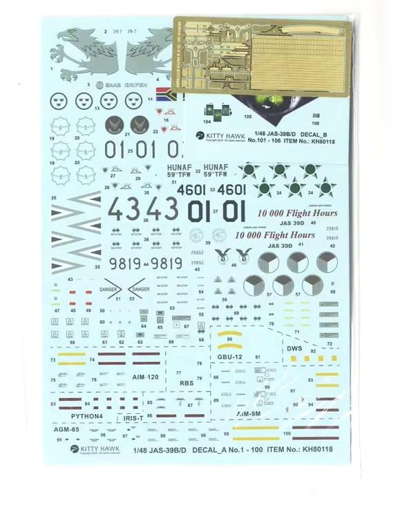 Kitty Hawk decal sheet for model aircraft with various markings and symbols on a light blue background.