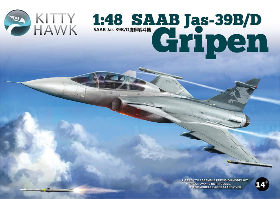 Kitty Hawk Model kit packaging of a SAAB Jas-39B/D Gripen with Kitty Hawk branding.