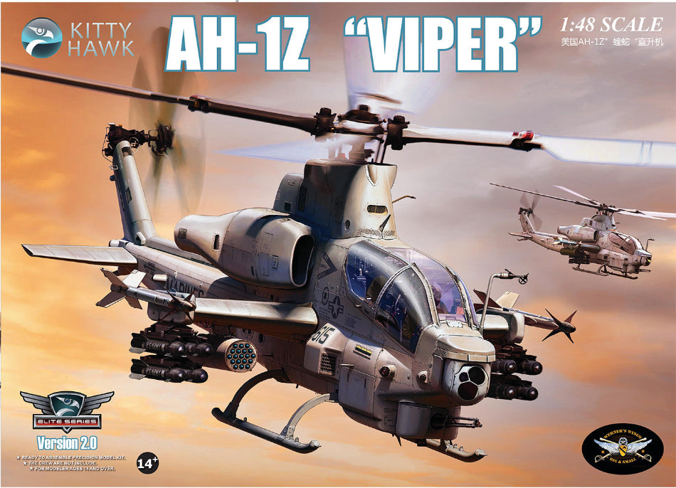 Model kit of an AH-1Z 'Viper' helicopter with Kitty Hawk branding on a desert background.