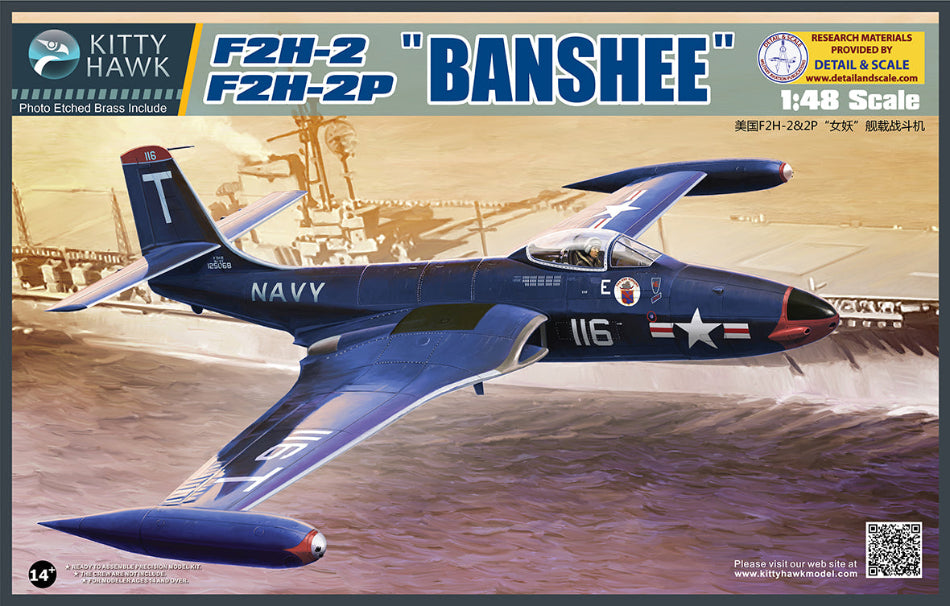 Model kit box for F2H-2 and F2H-2P 'Banshee' navy aircraft with Kitty Hawk branding.