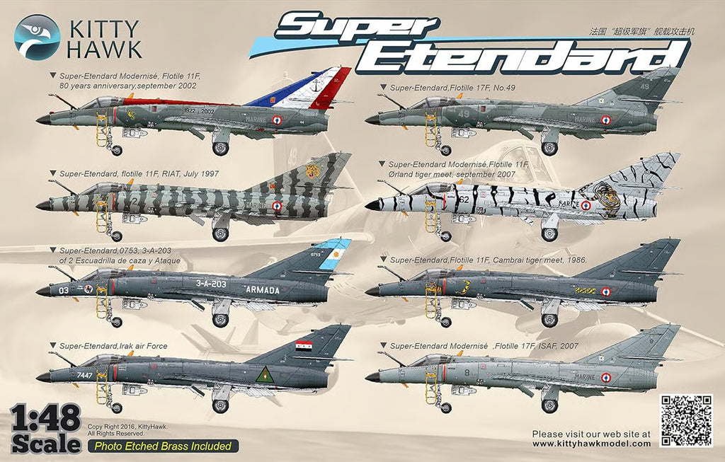 Model airplane kit packaging for Kitty Hawk Super Etendard with various aircraft illustrations and text.