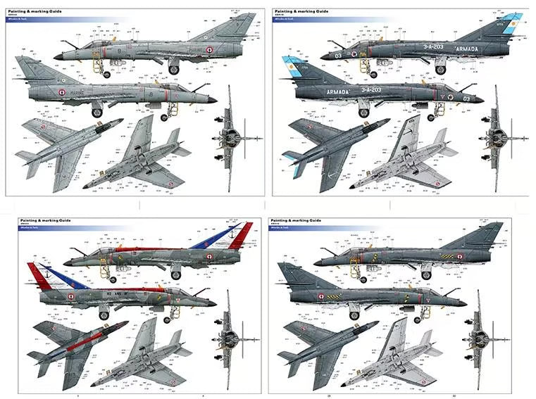 Sheet of airplane decals with various views and color options.