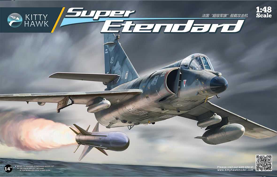 Model airplane packaging with Kitty Hawk branding and 'Super Etendard' text on a dynamic background.