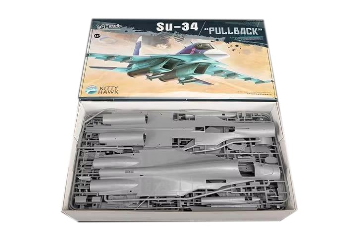 Kitty Hawk Model airplane kit of a Sukhoi Su-34 with packaging on a white background