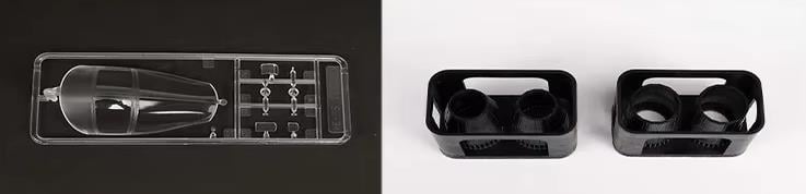 Two black resin kit parts on a white background and a clear plastic sprue on a black background