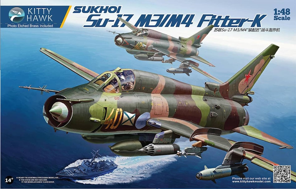 Model kit of a Sukhoi Su-17 M3/M4 fighter plane with a blue background, featuring Kitty Hawk branding.
