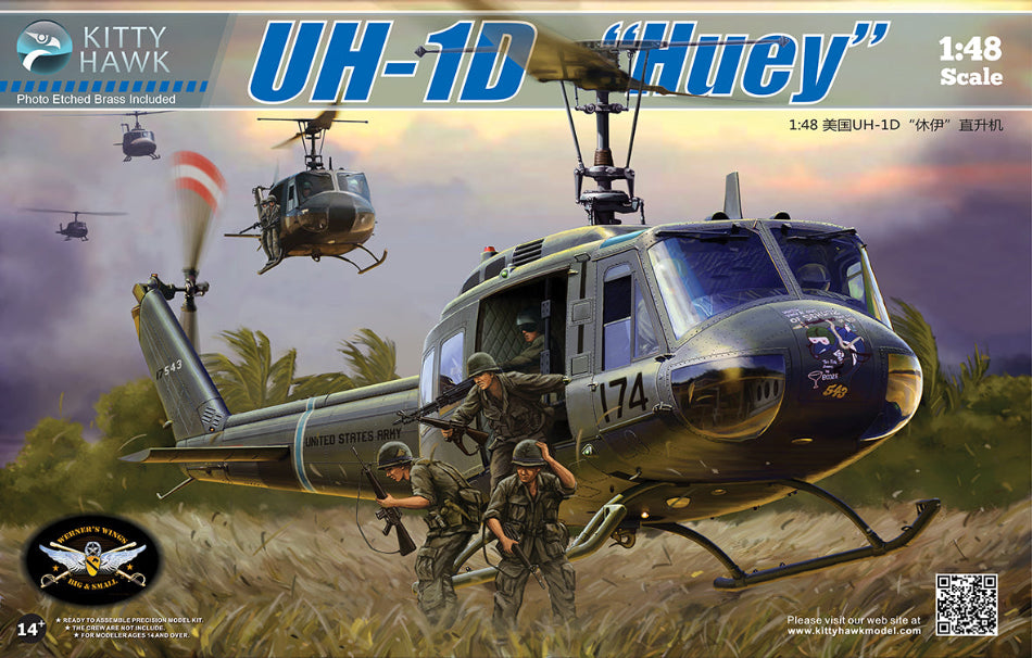 Kitty Hawk model kit box for a UH-1D 'Huey' helicopter with soldiers and helicopter in the background.
