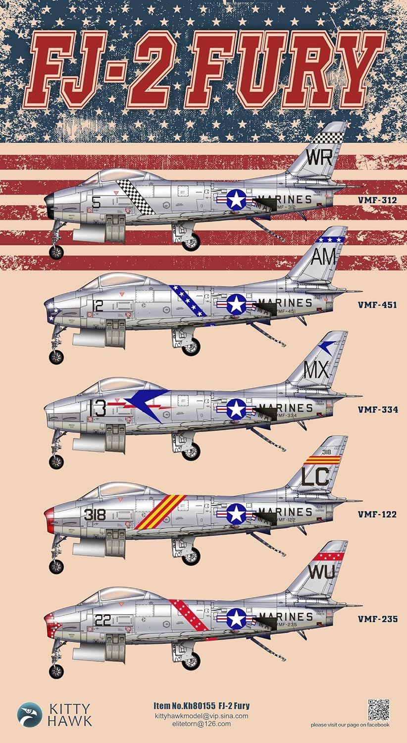 FJ-2 Fury aircraft illustration with various markings on a background of an American flag.