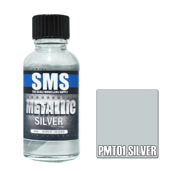 Bottle of SMS metallic silver paint with a colour swatch on a white background