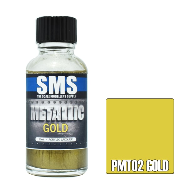 Bottle of SMS metallic gold paint with a colour swatch on a white background
