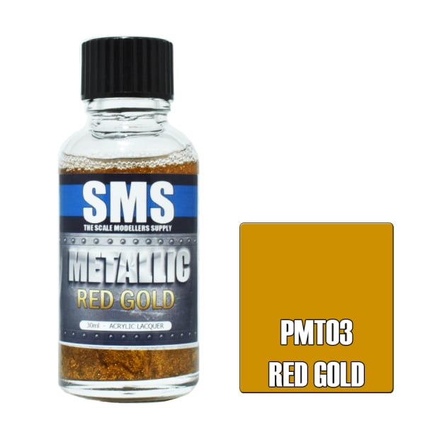 Bottle of SMS metallic red gold paint with a colour swatch on a white background