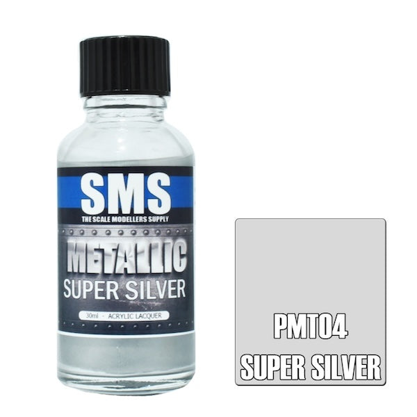 Bottle of SMS super silver paint with a colour swatch on a white background