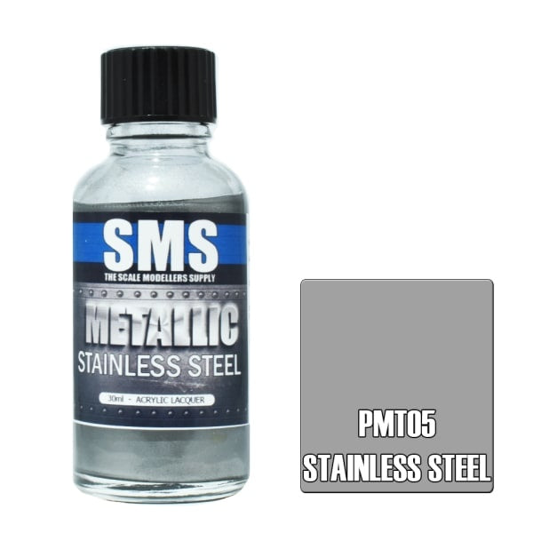 Bottle of SMS stainless steel paint with a colour swatch on a white background