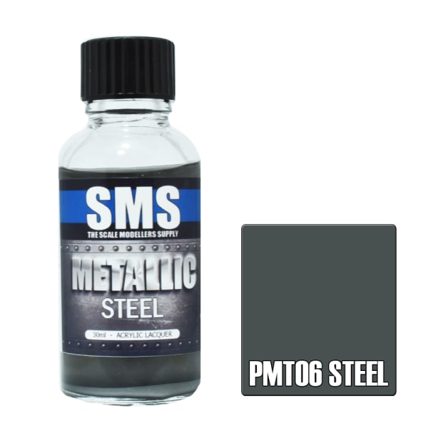 Bottle of SMS steel paint with a colour swatch on a white background