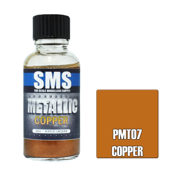 Bottle of SMS copper paint with a colour swatch on a white background