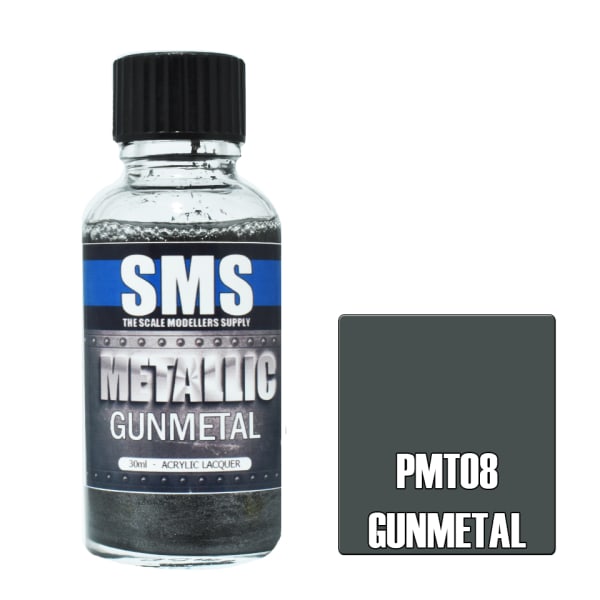 Bottle of SMS gun metal paint with a colour swatch on a white background