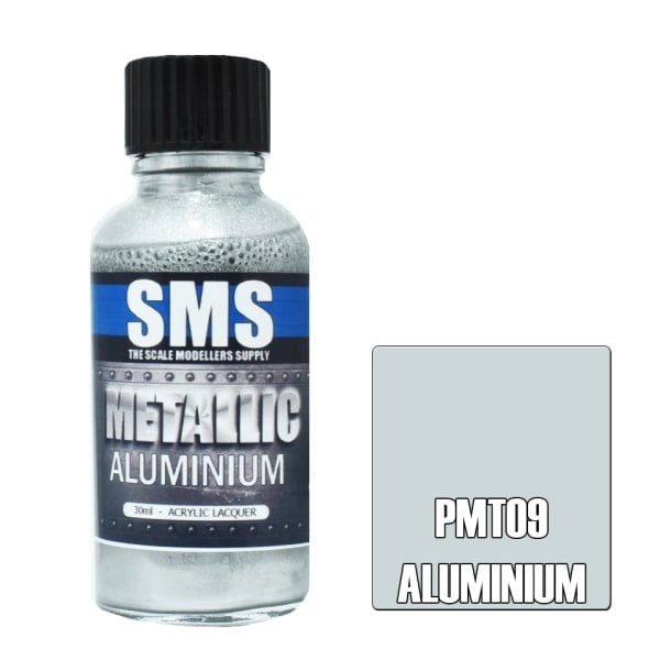 Bottle of SMS aluminium paint with a colour swatch on a white background
