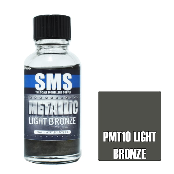 Bottle of SMS light bronze paint with a colour swatch on a white background