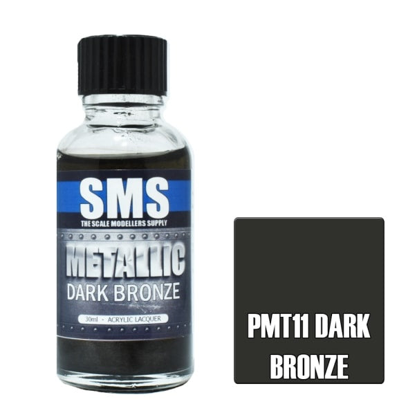 Bottle of SMS dark bronze paint with a colour swatch on a white background