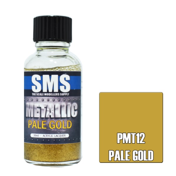 Bottle of SMS pale gold paint with a colour swatch on a white background