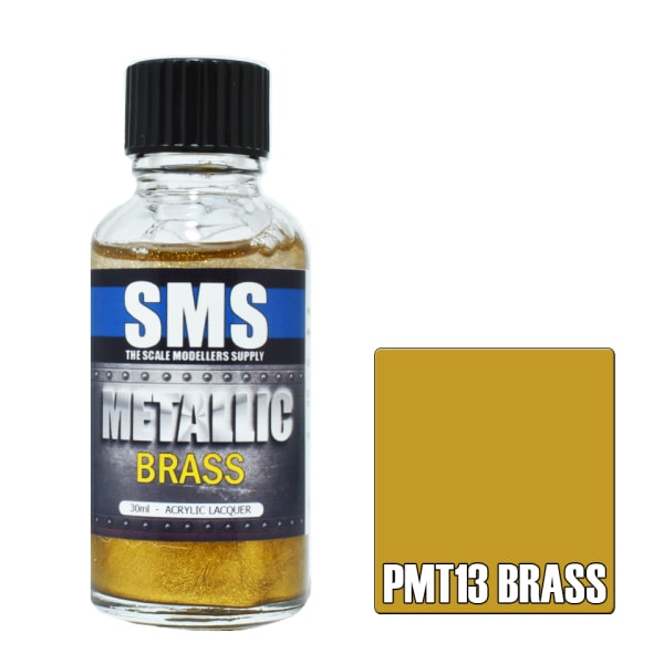 Bottle of SMS brass paint with a colour swatch on a white background