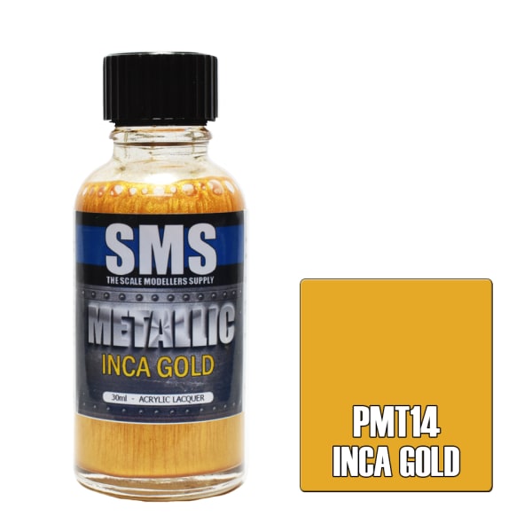 Bottle of SMS Inca gold paint with a colour swatch on a white background