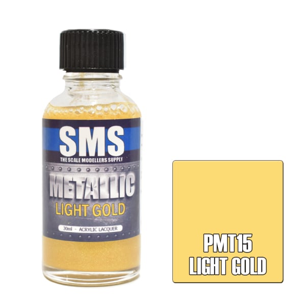 Bottle of SMS light gold paint with a colour swatch on a white background