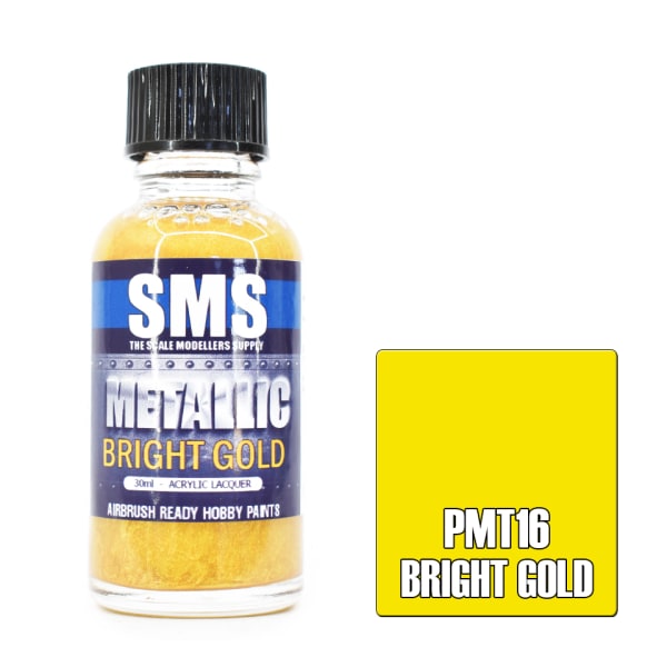 Bottle of SMS bright gold paint with a colour swatch on a white background
