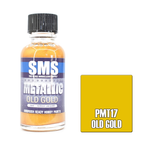 Bottle of SMS old gold paint with a colour swatch on a white background