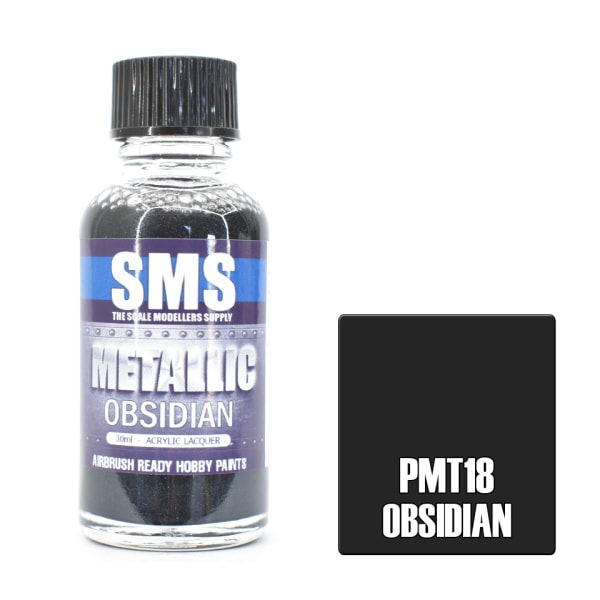 Bottle of SMS obsidian paint with a colour swatch on a white background