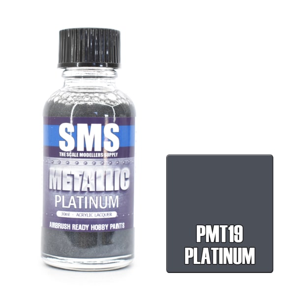 Bottle of SMS platinum paint with a colour swatch on a white background