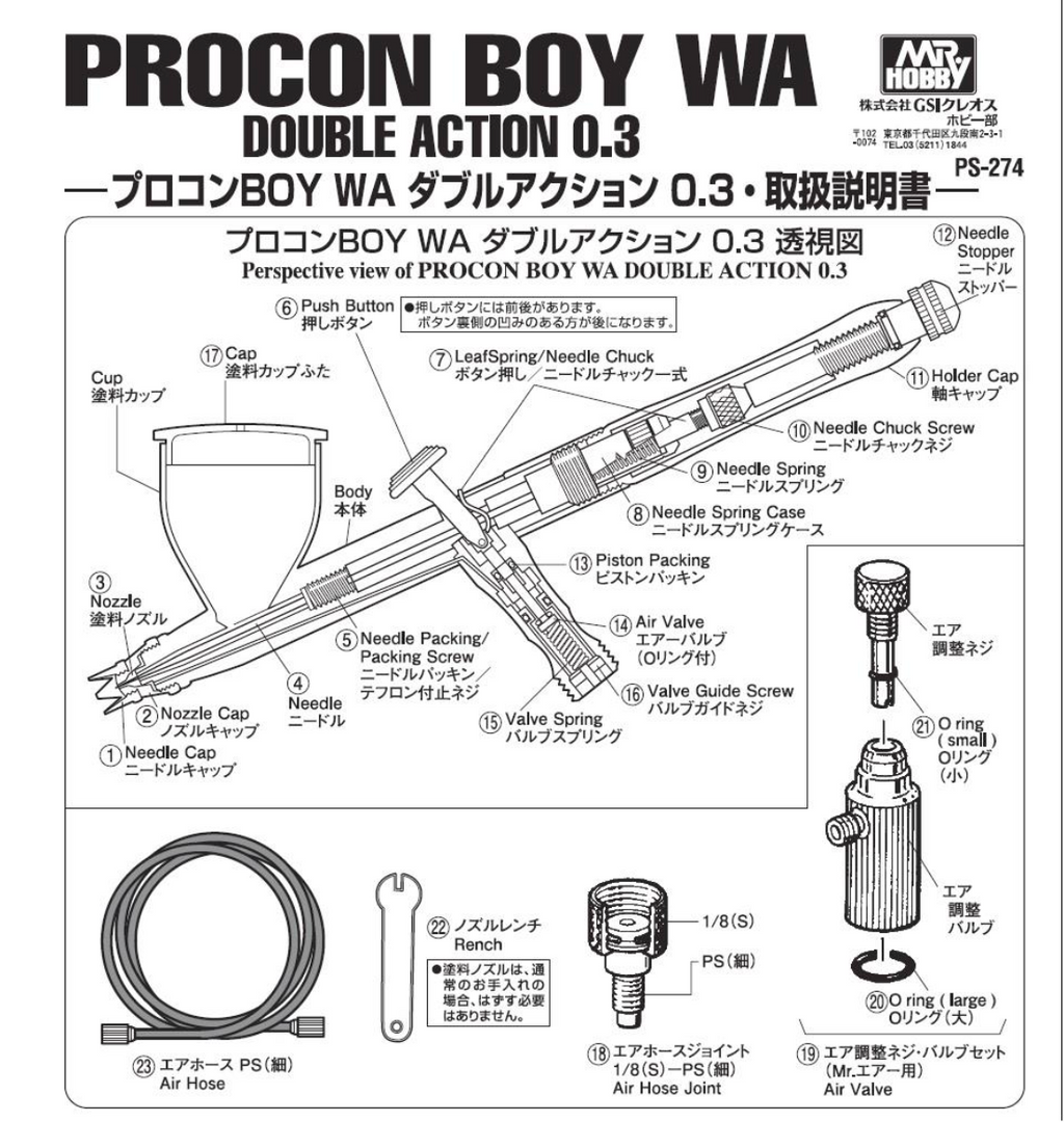 Technical diagram of Procon Boy PS-274 WA double action 0.3 with labeled parts and text.