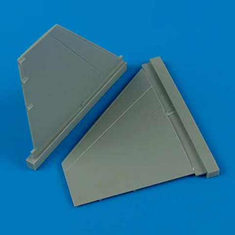 Quickboost 1/48 scale gray resin F-16 elevator parts on a blue background