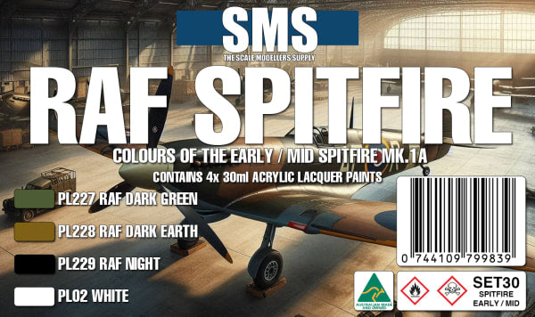Model airplane paint set packaging with RAF Spitfire branding and product details.